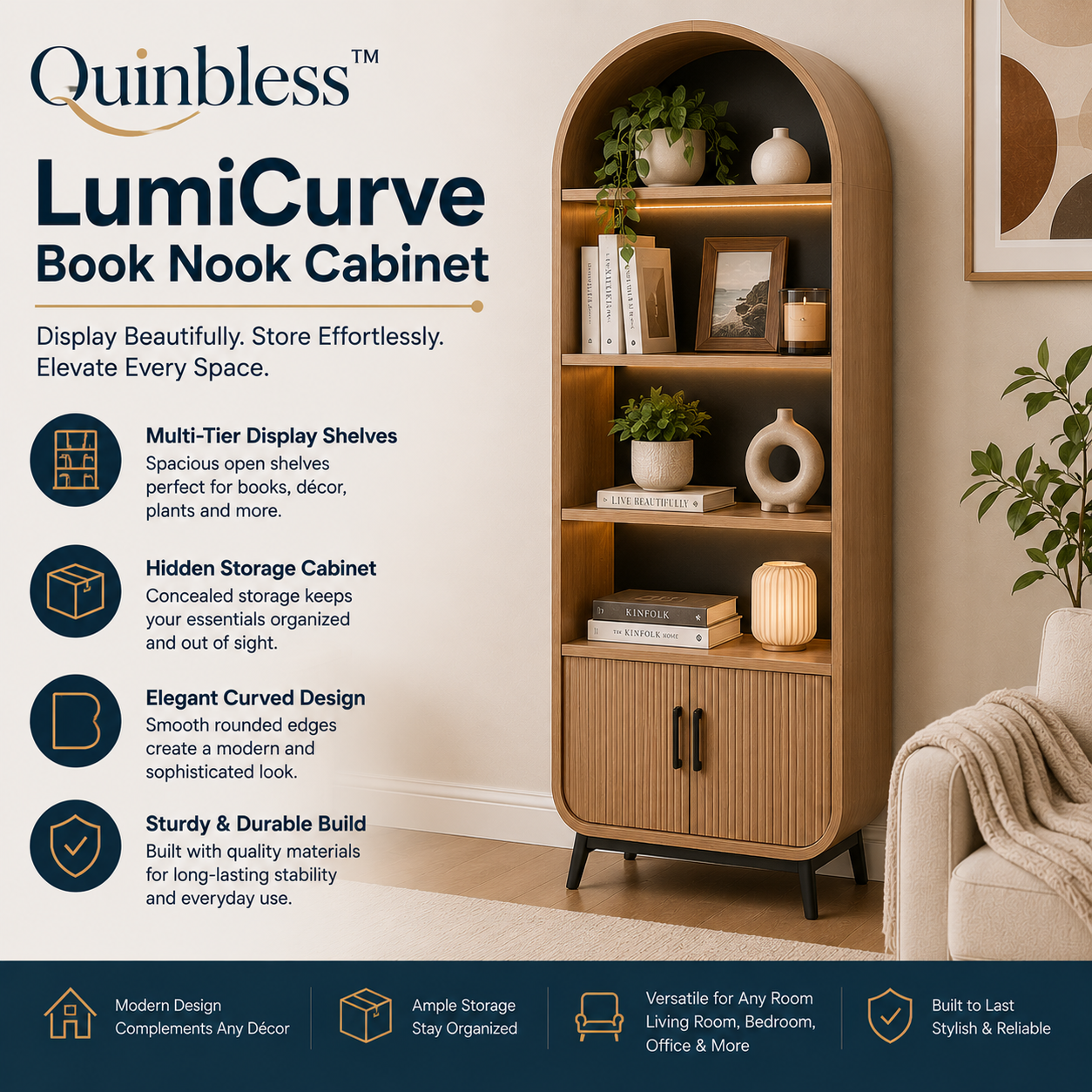 Quinbless™ LumiCurve Book Nook Cabinet