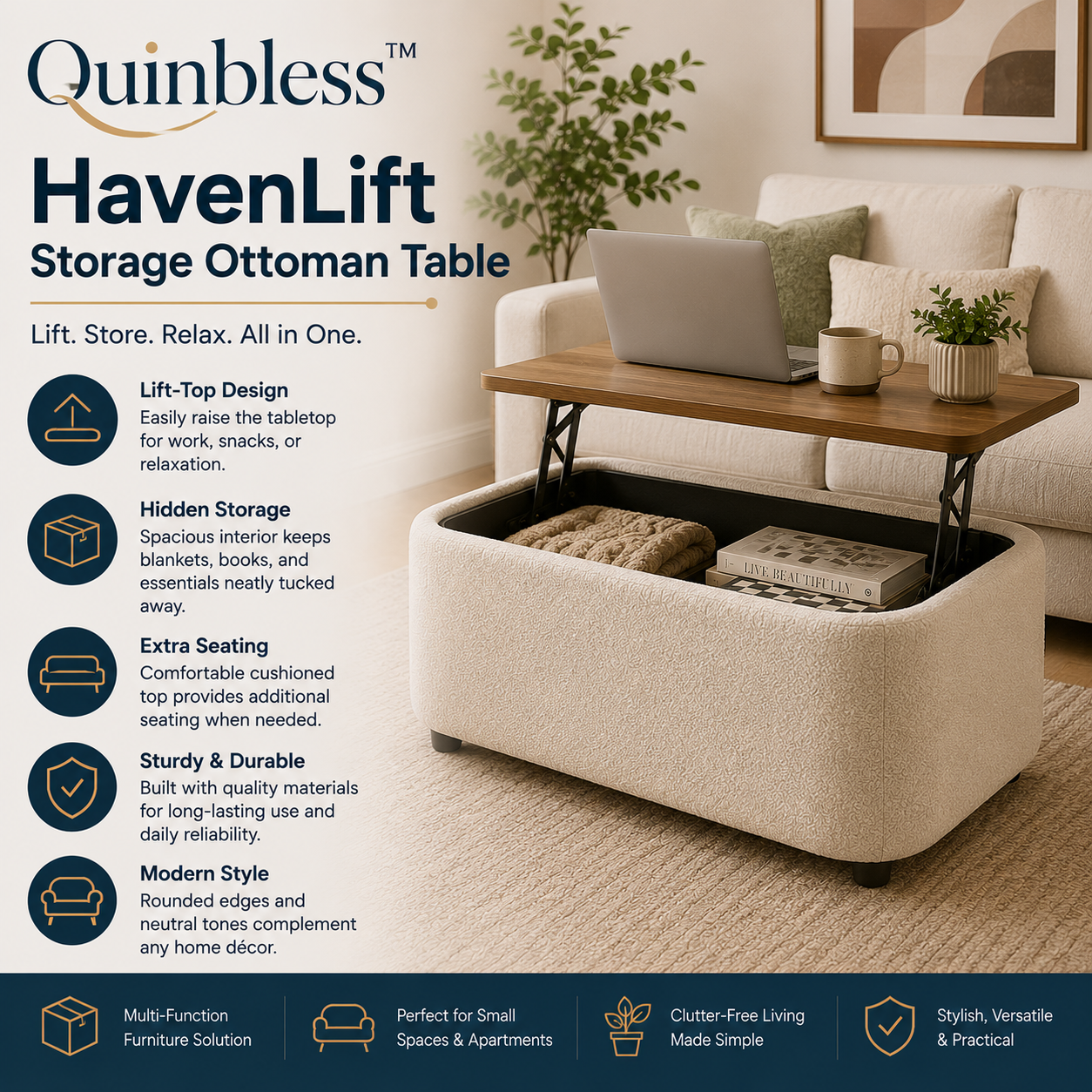 Quinbless™ HavenLift Storage Ottoman Table